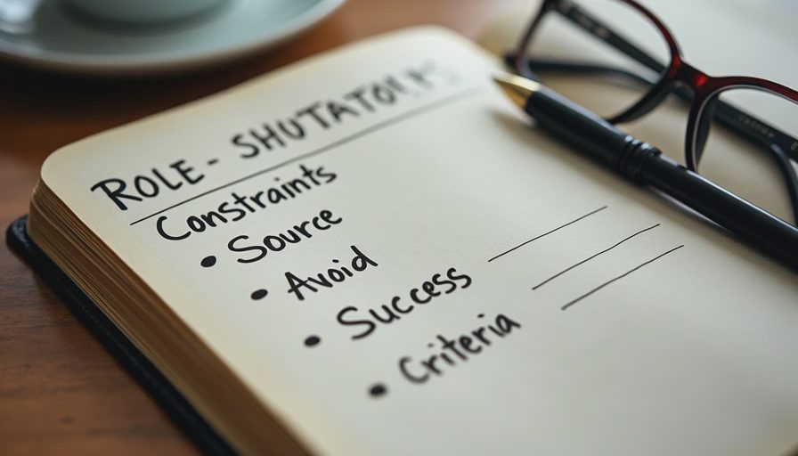 A close-up documentary photo of a handwritten checklist on a notebook defining prompt win conditions, with a pen nearby.