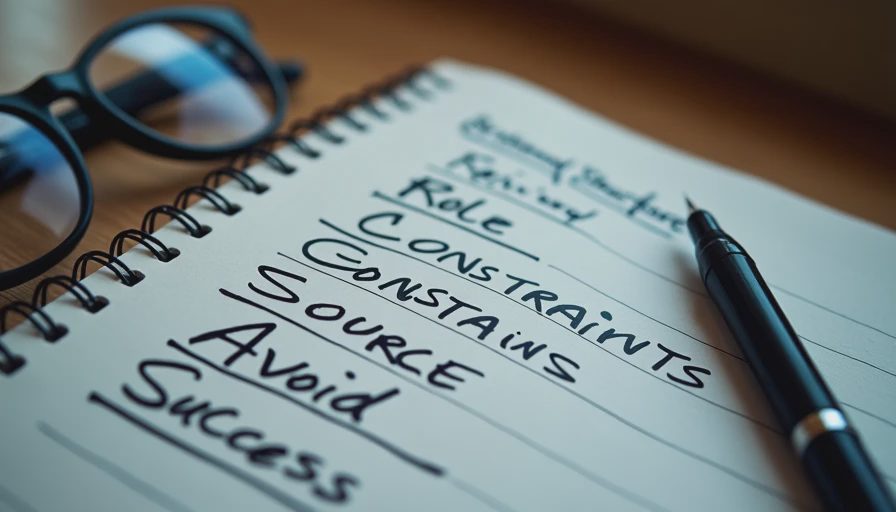 A documentary-style overhead shot of a notebook featuring structured prompts, a pen, and glasses on a desk.