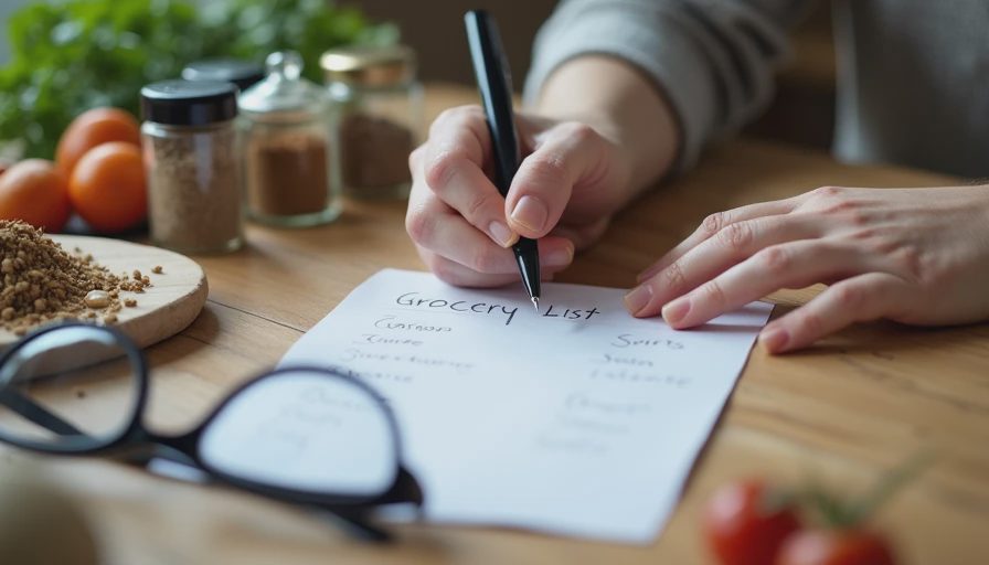 A close-up documentary photo of hands writing a kitchen inventory list on paper with a pen on a wooden table.