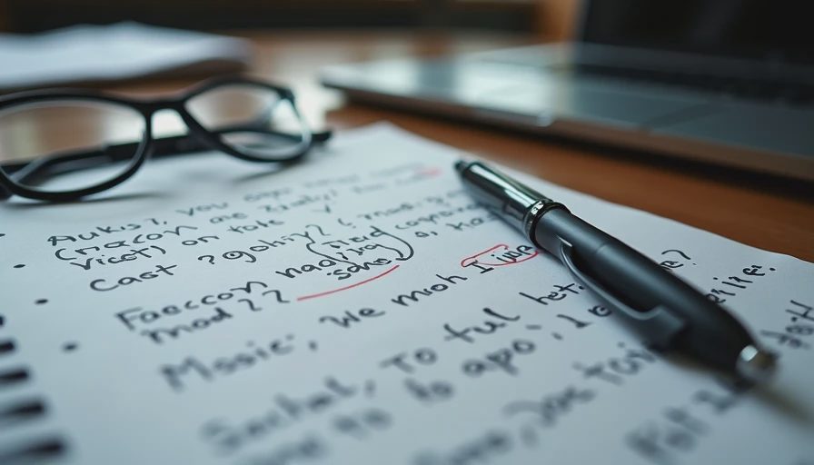 A close-up documentary photo of a messy notepad filled with chaotic handwritten notes, abbreviations, and question marks on a wooden desk.