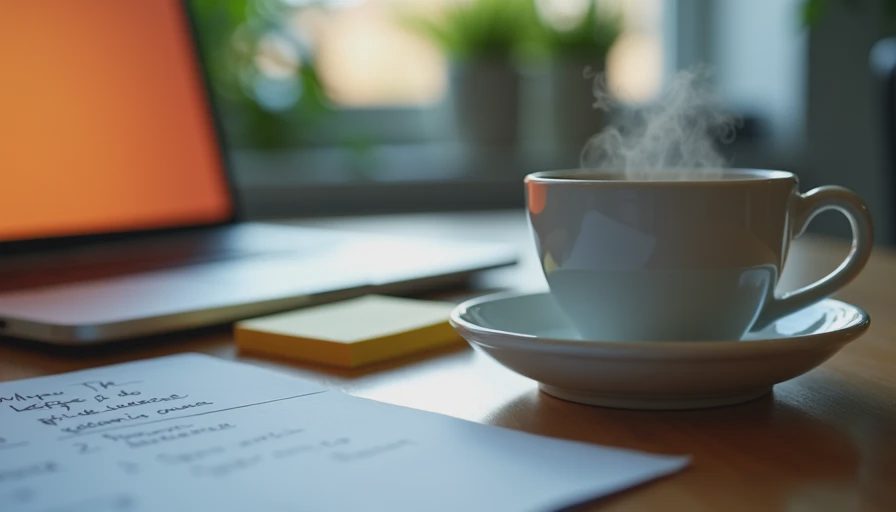 A documentary-style photo of a tidy office desk with a laptop, a coffee mug, and a sticky note with reminders.
