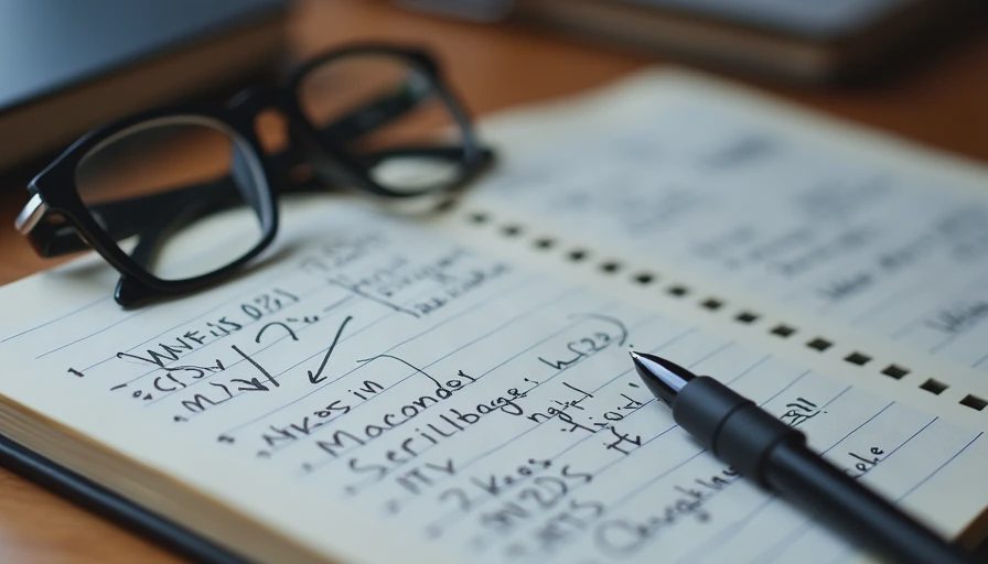 A close-up documentary photo of a messy notepad filled with chaotic handwritten notes, glasses, and a pen on a desk.