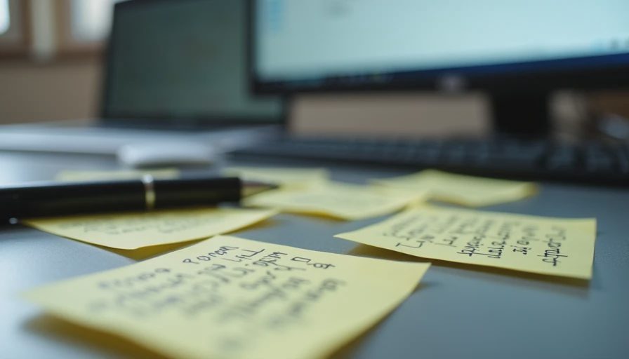 A close-up documentary photo of a computer screen showing a blank email draft, surrounded by handwritten sticky notes and a pen on a desk.