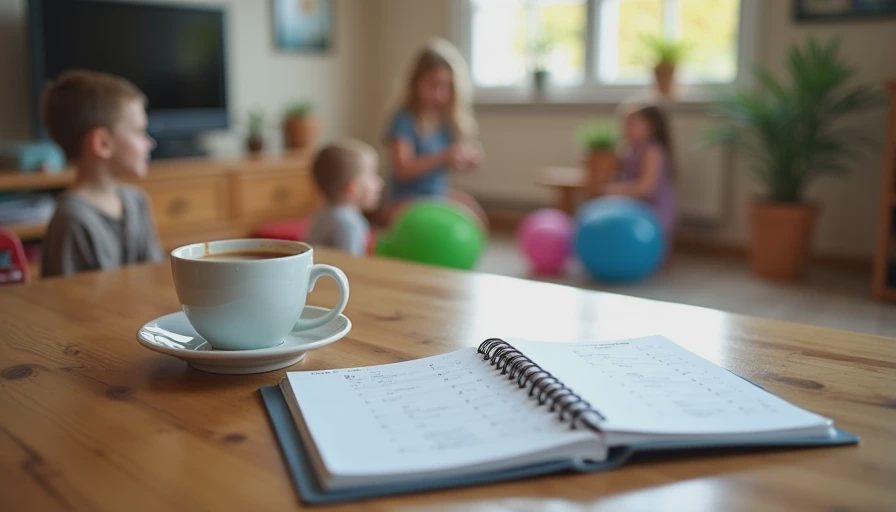 A documentary-style home photo of a kitchen table with a hot coffee mug and an open planner, capturing a real, everyday family weekend morning.