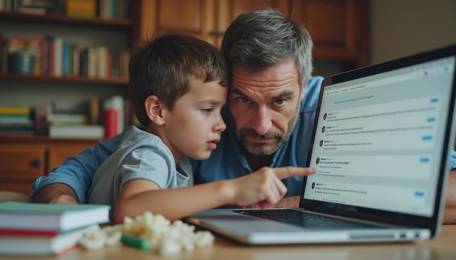 A documentary-style photo of a father and son at a cluttered table, pointing at a laptop screen discussing redshirt rules.