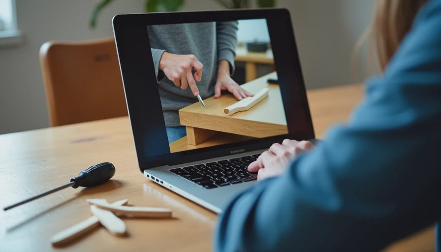 A documentary-style photo of a laptop displaying a home repair video on a desk, with tools nearby.