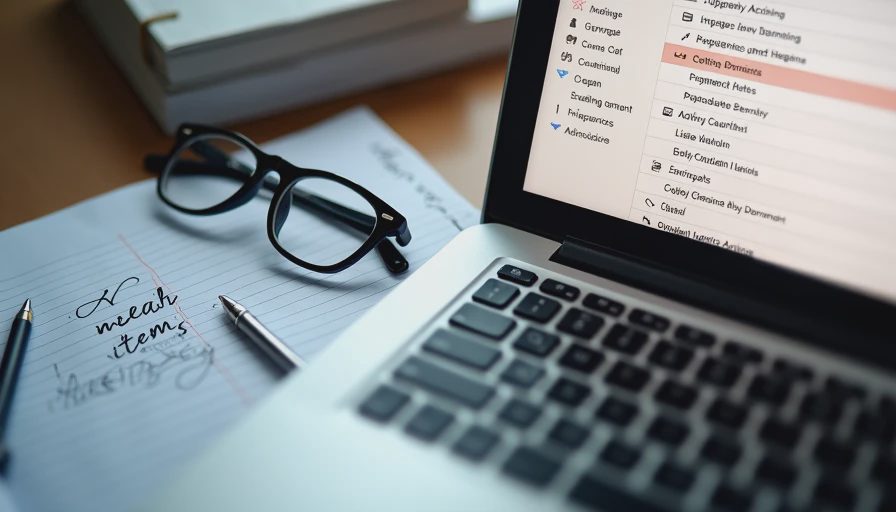 A close-up documentary photo of a messy notebook next to a laptop showing a structured ChatGPT action items list.