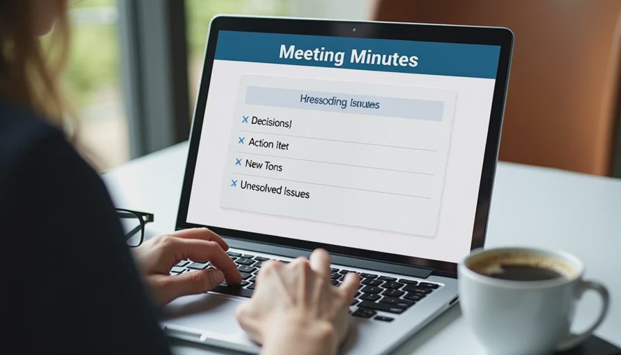 A close-up documentary photo of a laptop screen displaying a structured meeting notes template with four sections.