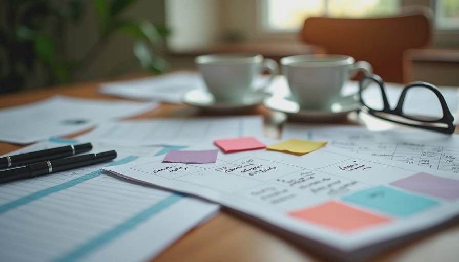 A close-up documentary photo of a wooden kitchen table filled with messy school calendars, event flyers, and coffee mugs.