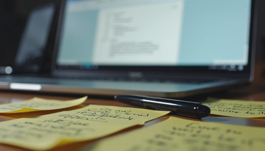 A close-up documentary photo of a computer screen showing a blank email draft, surrounded by handwritten sticky notes and a pen on a desk.