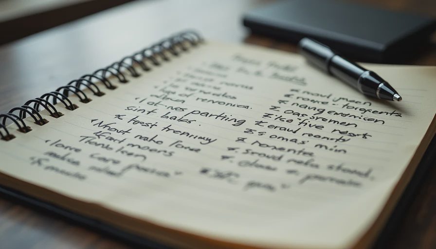 A documentary-style overhead shot of a notebook featuring structured five-part prompt notes and a pen on a wooden desk.