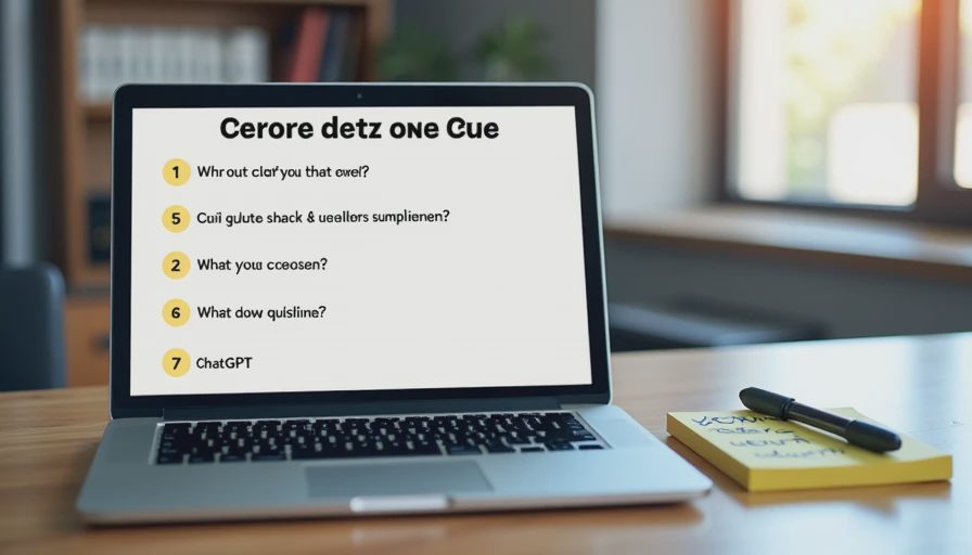 A documentary-style photo of a laptop screen displaying numbered clarifying questions, with a handwritten note next to it.