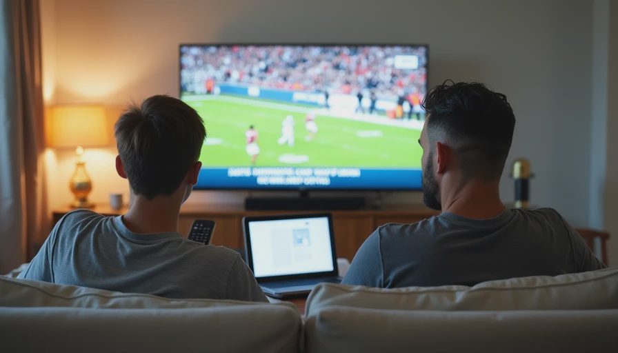 A documentary-style photo of a father and son in a living room, comparing TV football action with information on their laptop.