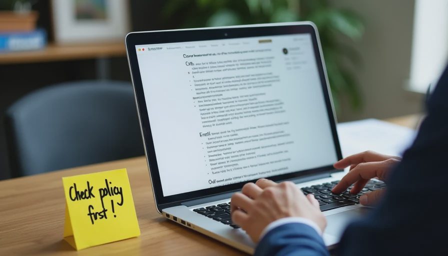 A documentary-style photo of a laptop screen displaying a clear text explanation, with a sticky note reminding about safety policies.