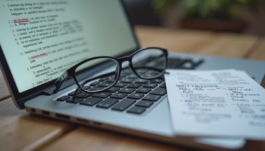 A close-up documentary photo of a laptop screen displaying text drafts, with glasses and a sticky note on the desk.