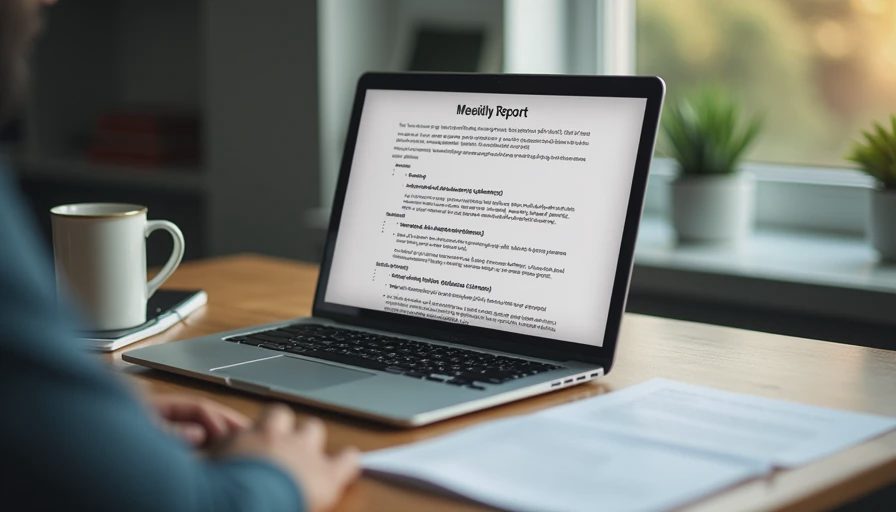 A documentary-style photo of a laptop displaying a status report draft, with a marked-up paper printout next to it.