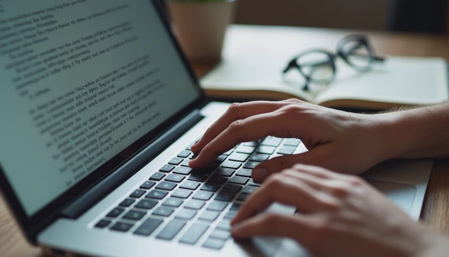 A close-up documentary photo of a laptop screen displaying an email draft, with glasses on a wooden desk.