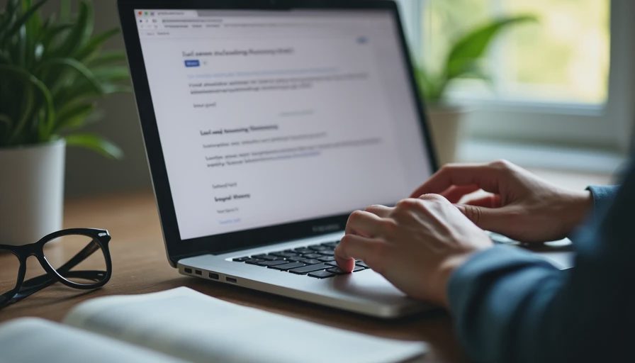 A close-up documentary photo of hands resting on a laptop keyboard displaying an email draft on screen.