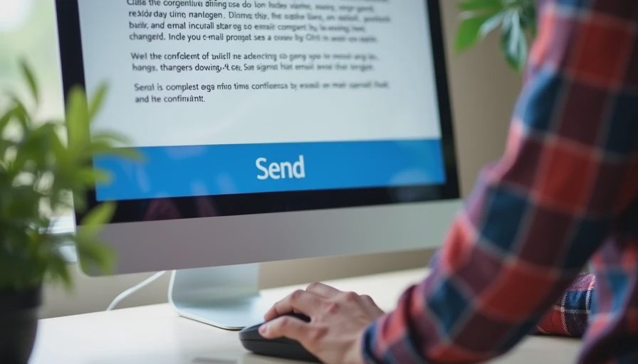 A documentary-style photo capturing a computer screen with the final, polished email draft, showing a mouse cursor about to click the 'Send' button.