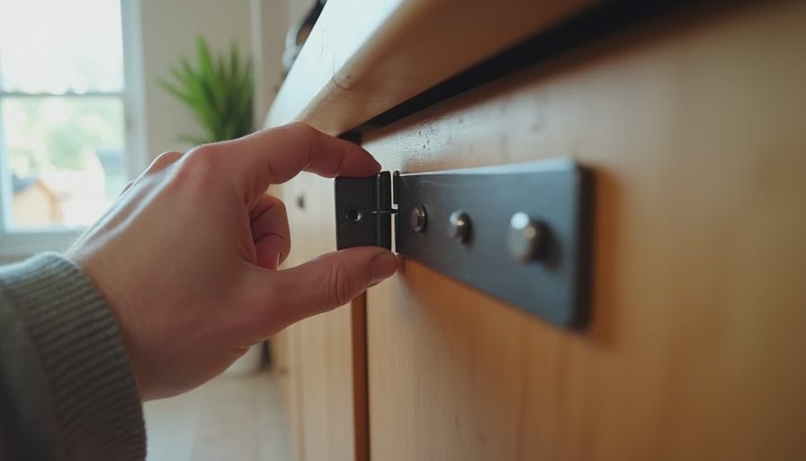 A close-up documentary photo of a man's hands testing a loose metal hinge on a kitchen cabinet door.