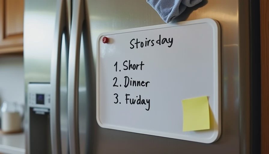 A documentary-style photo of a small whiteboard with a weekly dinner plan mounted on a stainless steel refrigerator door.